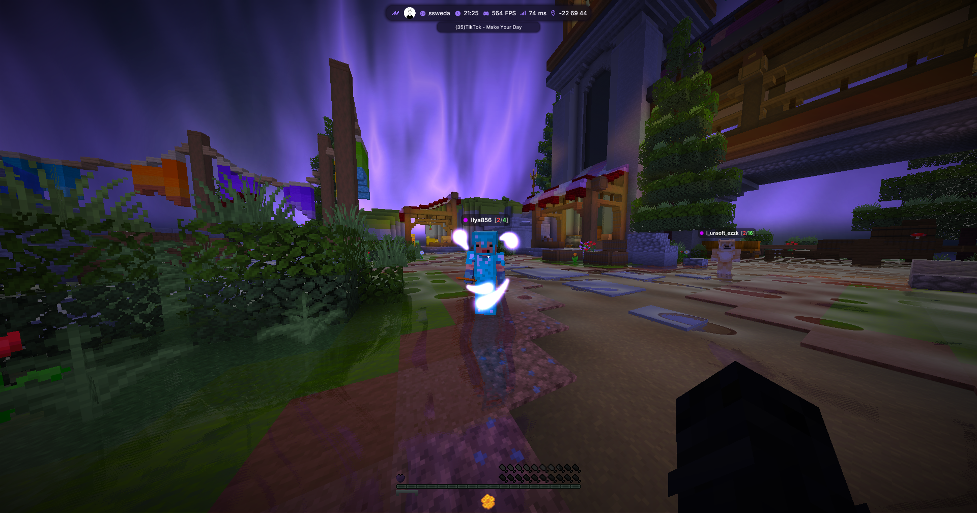 Mometic gameplay with purple skies and glowing target effects