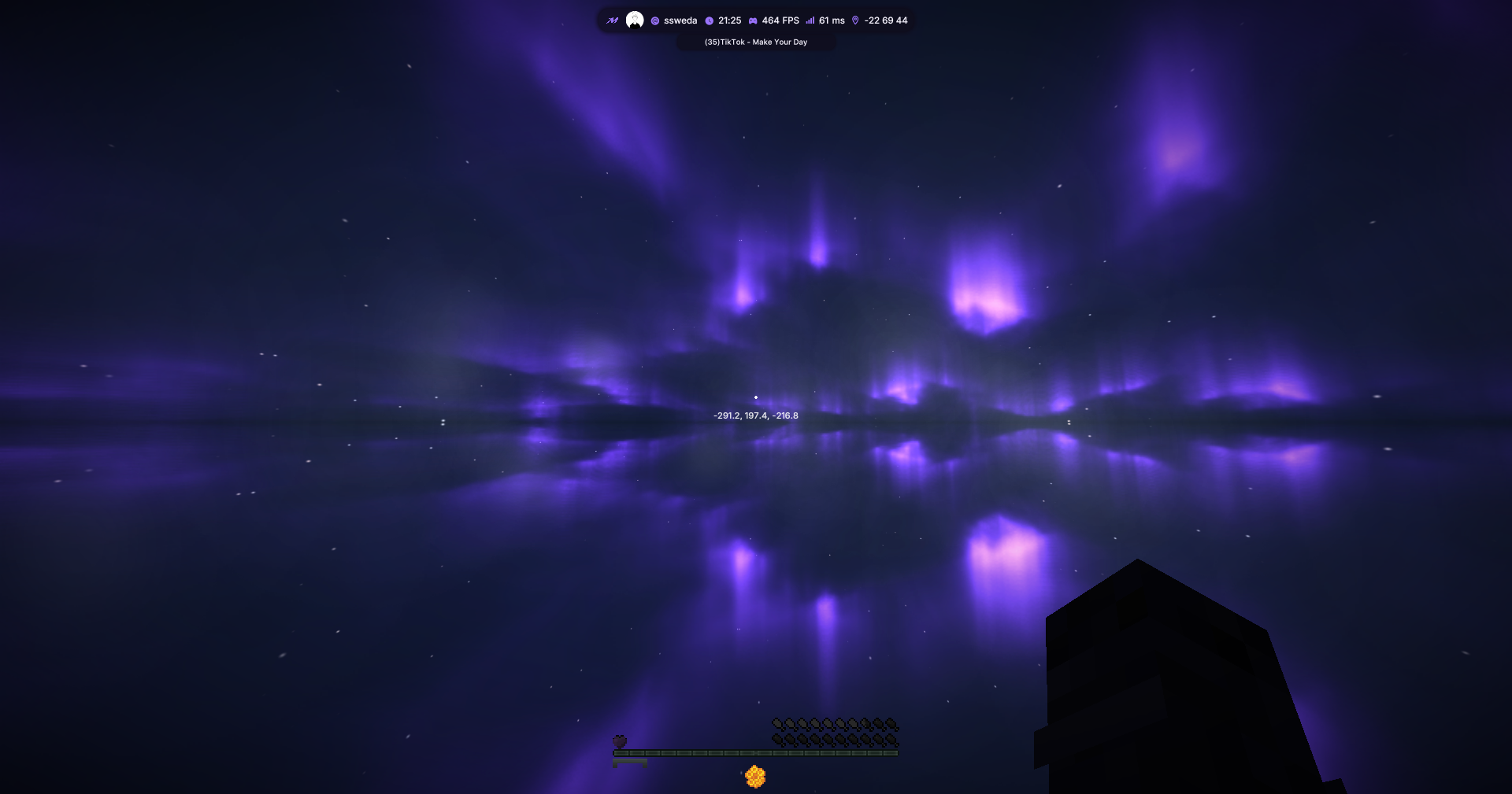 Violet lights and stars reflected across a night sky